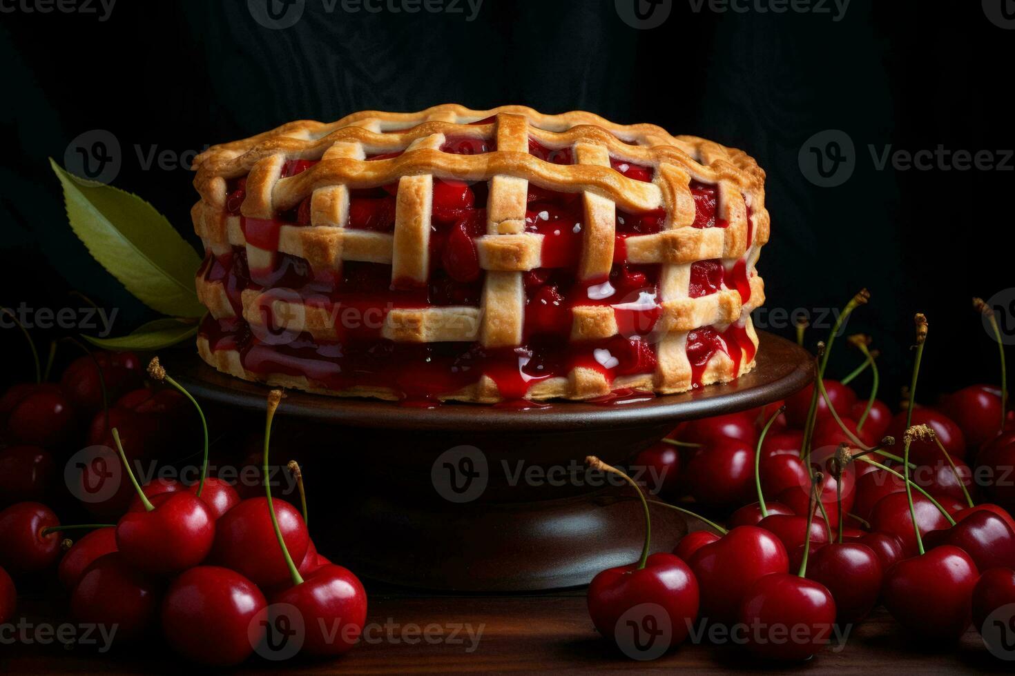 cherry pie on a wooden stand with cherries around it generative ai photo