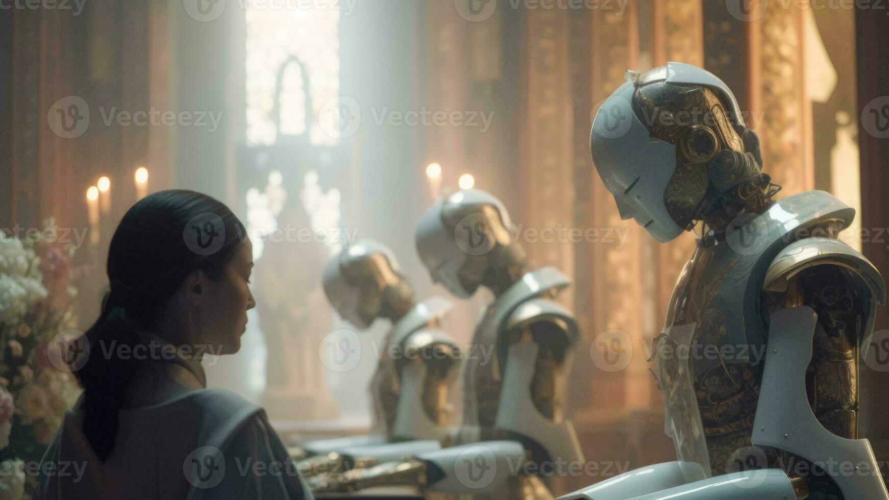 futuristic depiction of an android church and woman priest generative AI photo