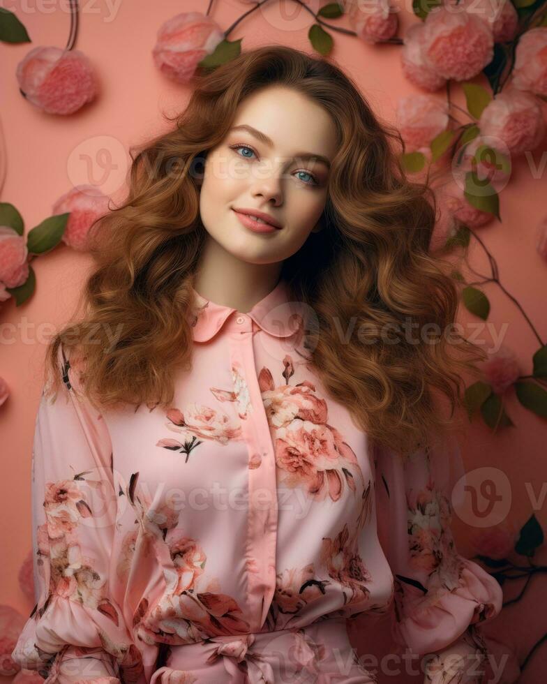 hermosa joven mujer con largo pelo y rosado vestir posando en frente de rosado flores generativo ai foto