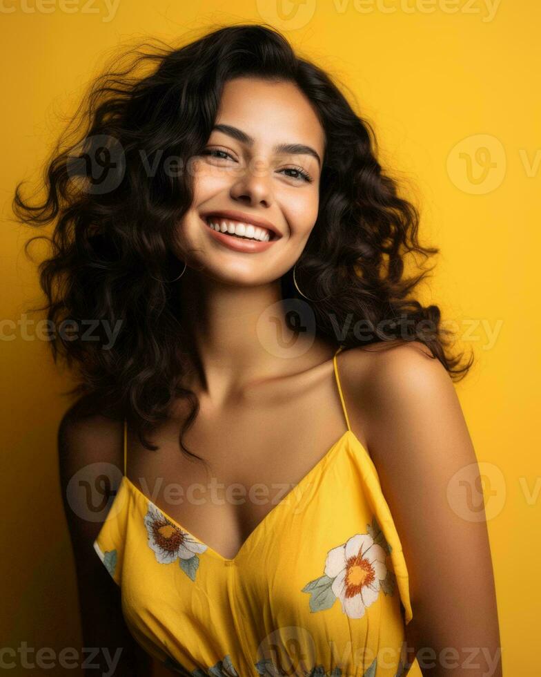 beautiful young woman with curly hair smiling on yellow background generative AI photo