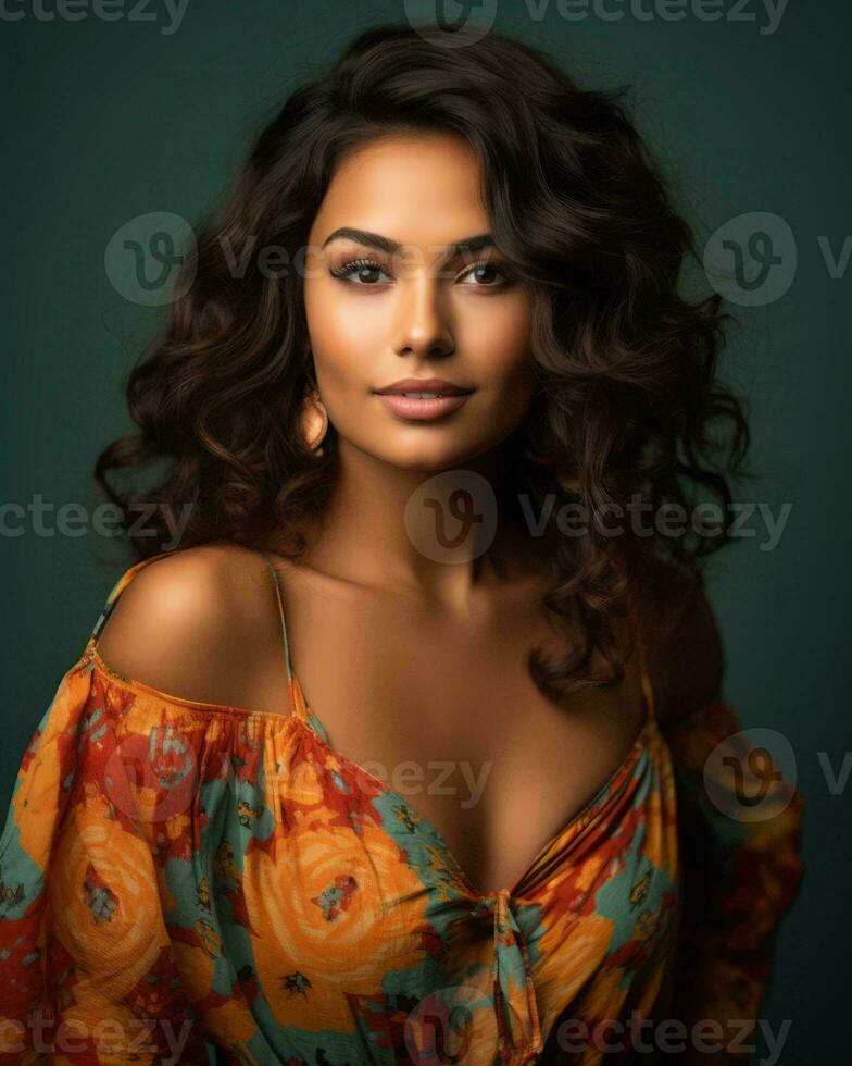 beautiful young woman with curly hair posing for the camera generative AI photo