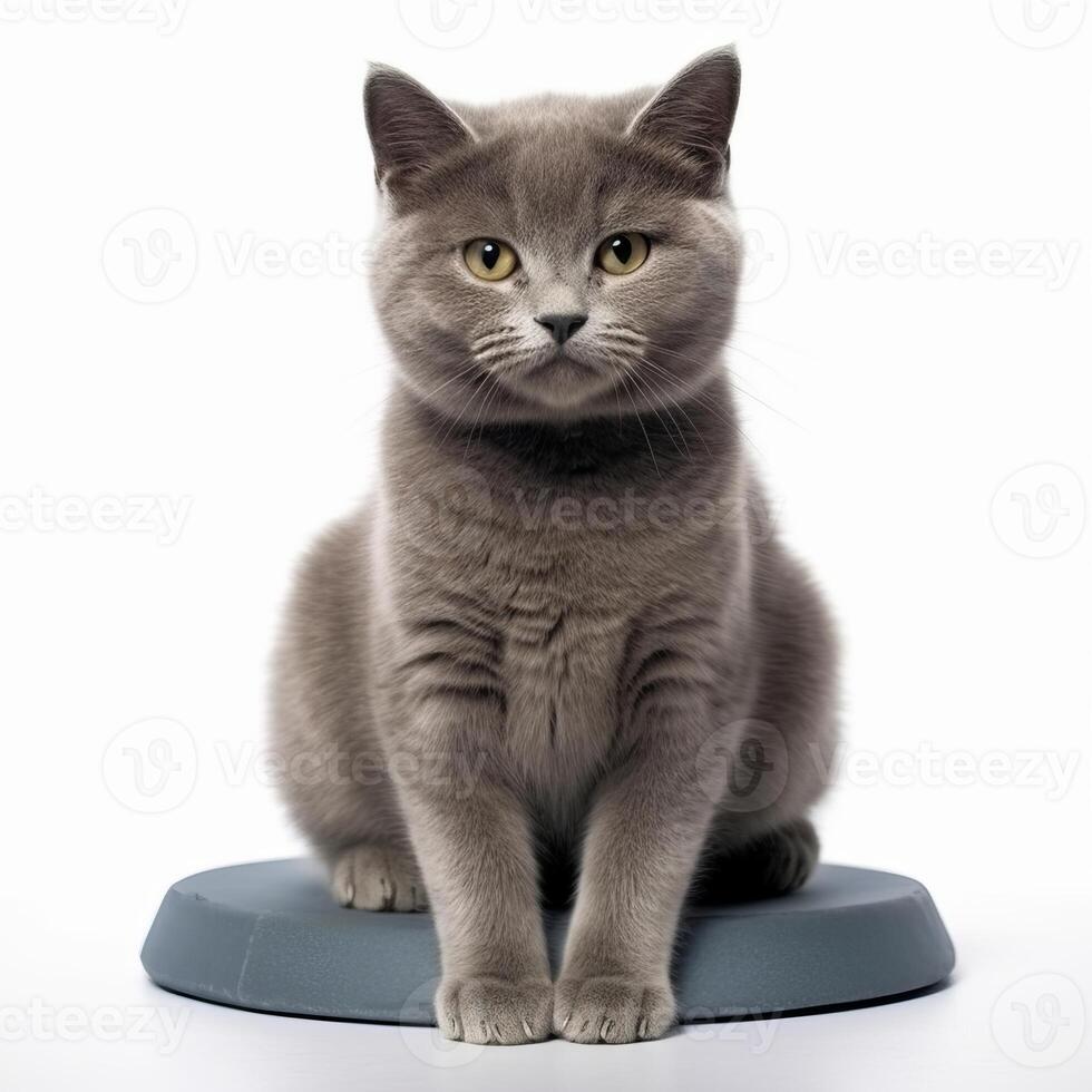 british shorthair cat sitting on top of a cat litter box isolated on