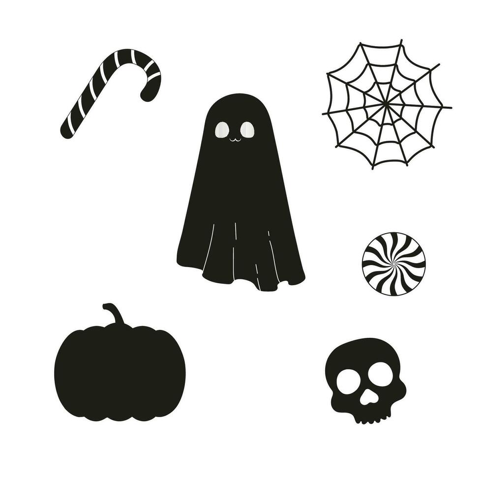 Halloween silhouette multichrome black, ghost, candy canes, skull, spider web vector