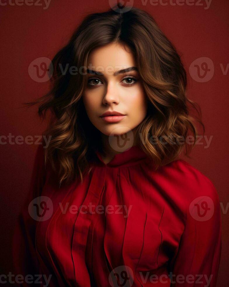 beautiful young woman in red dress on red background generative AI photo