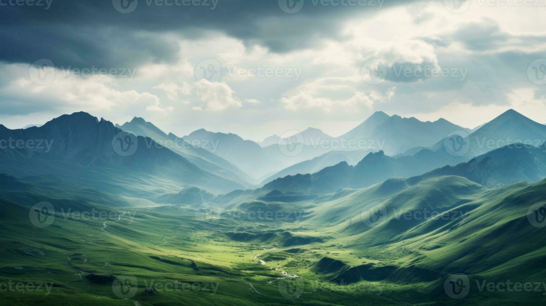 beautiful mountain landscape with green grass and clouds in the sky generative AI photo