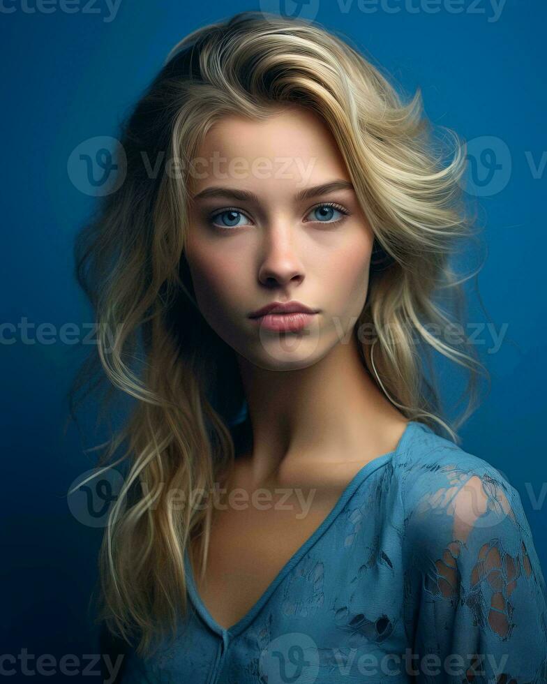 beautiful blonde woman with blue eyes on a blue background generative AI photo