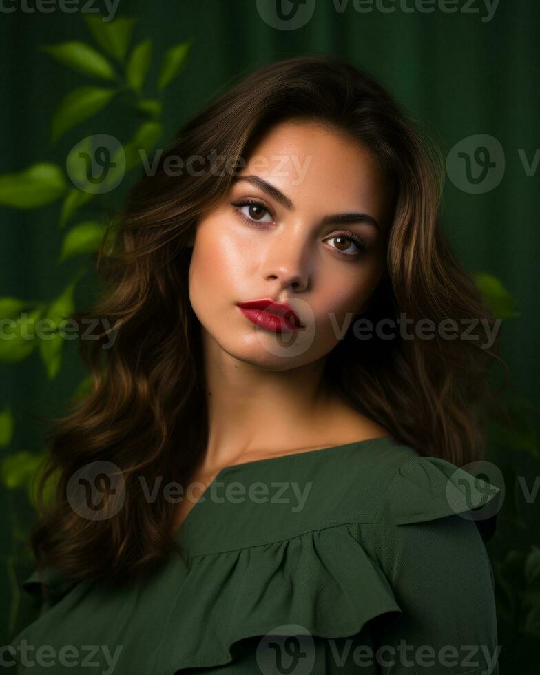 beautiful brunette woman with long hair and red lipstick posing in front of green background generative AI photo