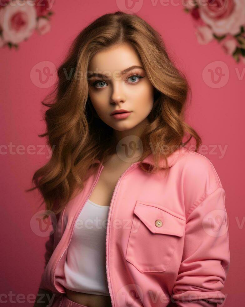 beautiful young woman in pink jacket with flowers on pink background generative AI photo