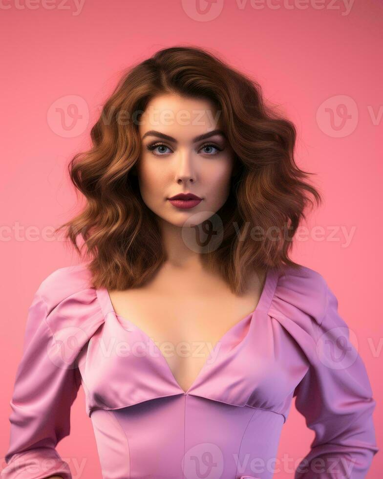 beautiful young woman in pink dress posing on pink background generative AI photo