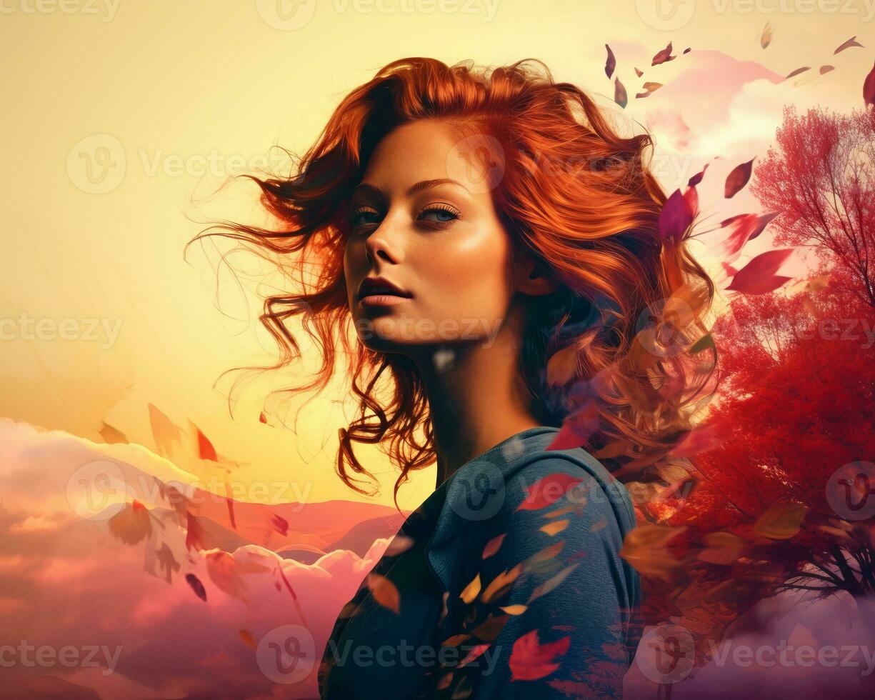 beautiful red haired woman with autumn leaves in the background generative AI photo