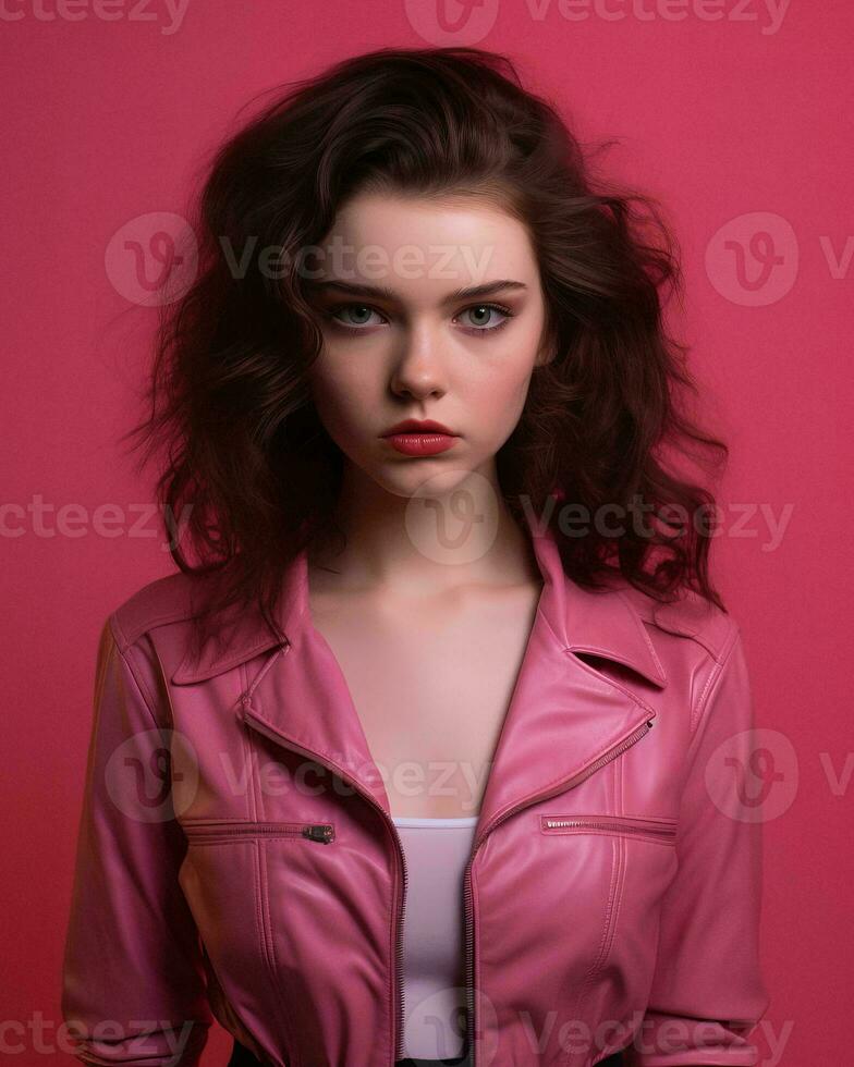 beautiful young woman in pink leather jacket on pink background generative AI photo
