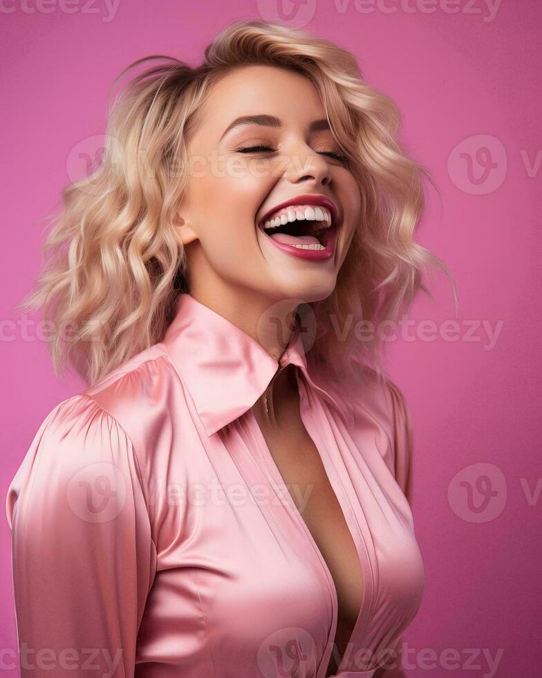 beautiful blonde woman laughing on pink background generative AI photo