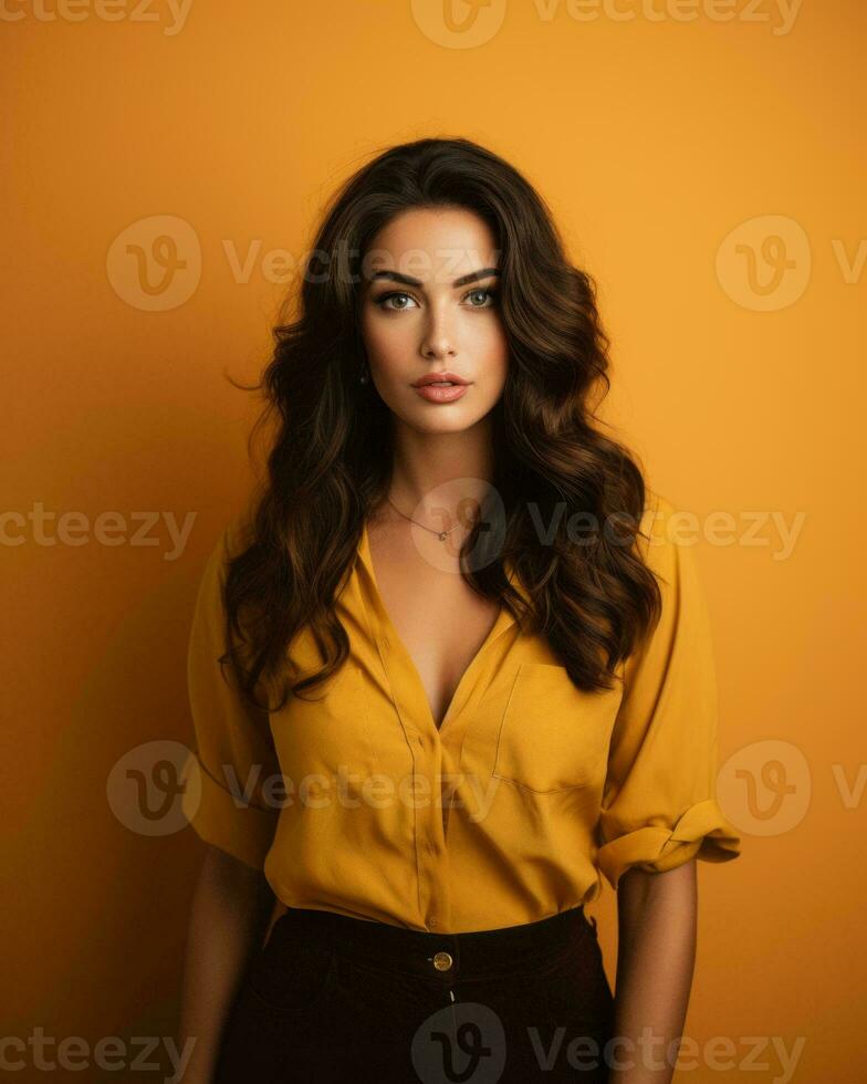 beautiful woman in yellow shirt and brown pants on orange background generative AI photo