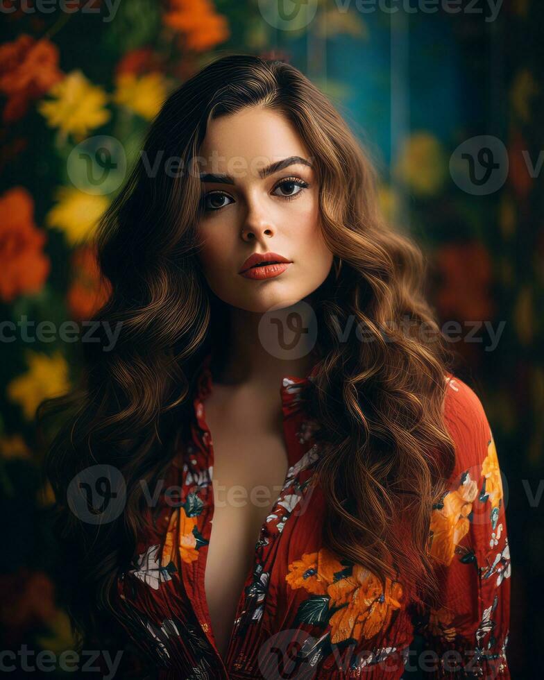 beautiful woman with long curly hair in floral dress generative AI photo