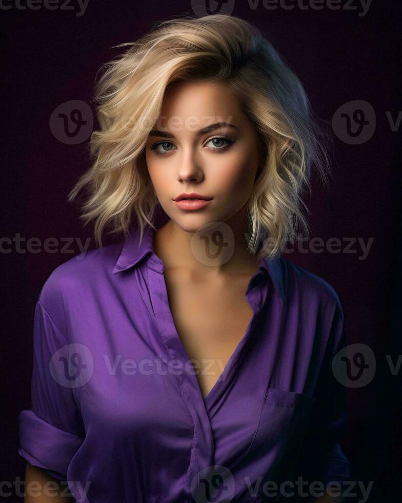 beautiful blonde woman in purple shirt posing for the camera generative AI photo