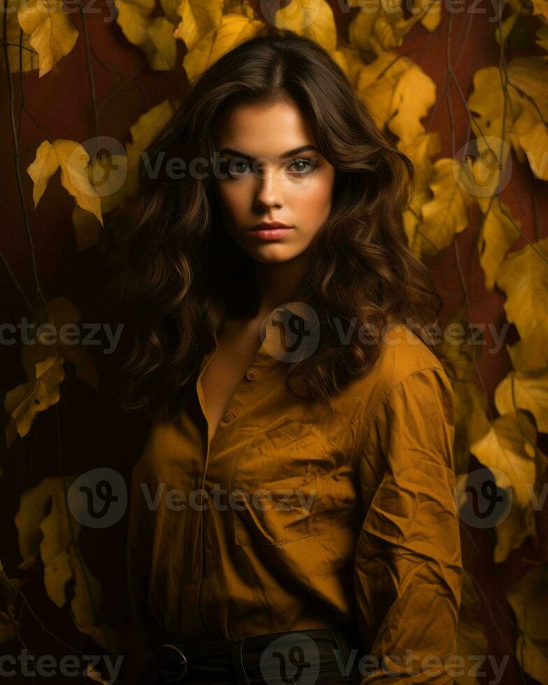 beautiful woman in yellow shirt and brown pants posing in front of autumn leaves generative AI photo