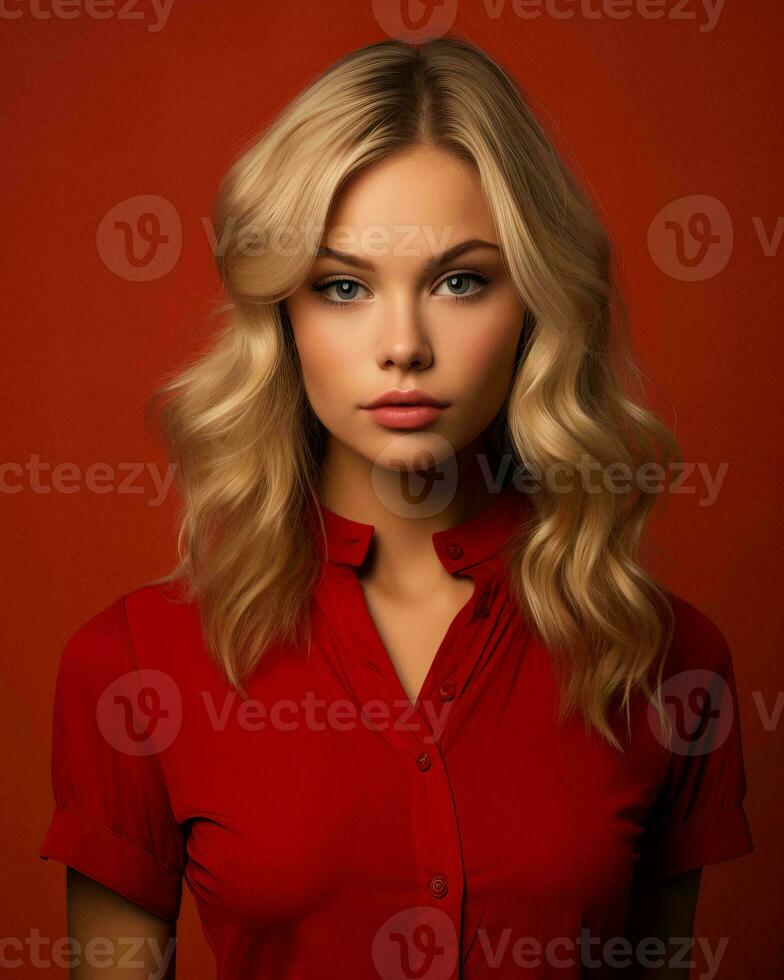 beautiful blonde woman in red shirt on red background generative AI photo