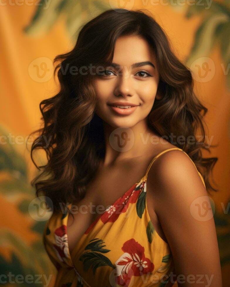 beautiful young woman in yellow floral dress posing for the camera generative AI photo