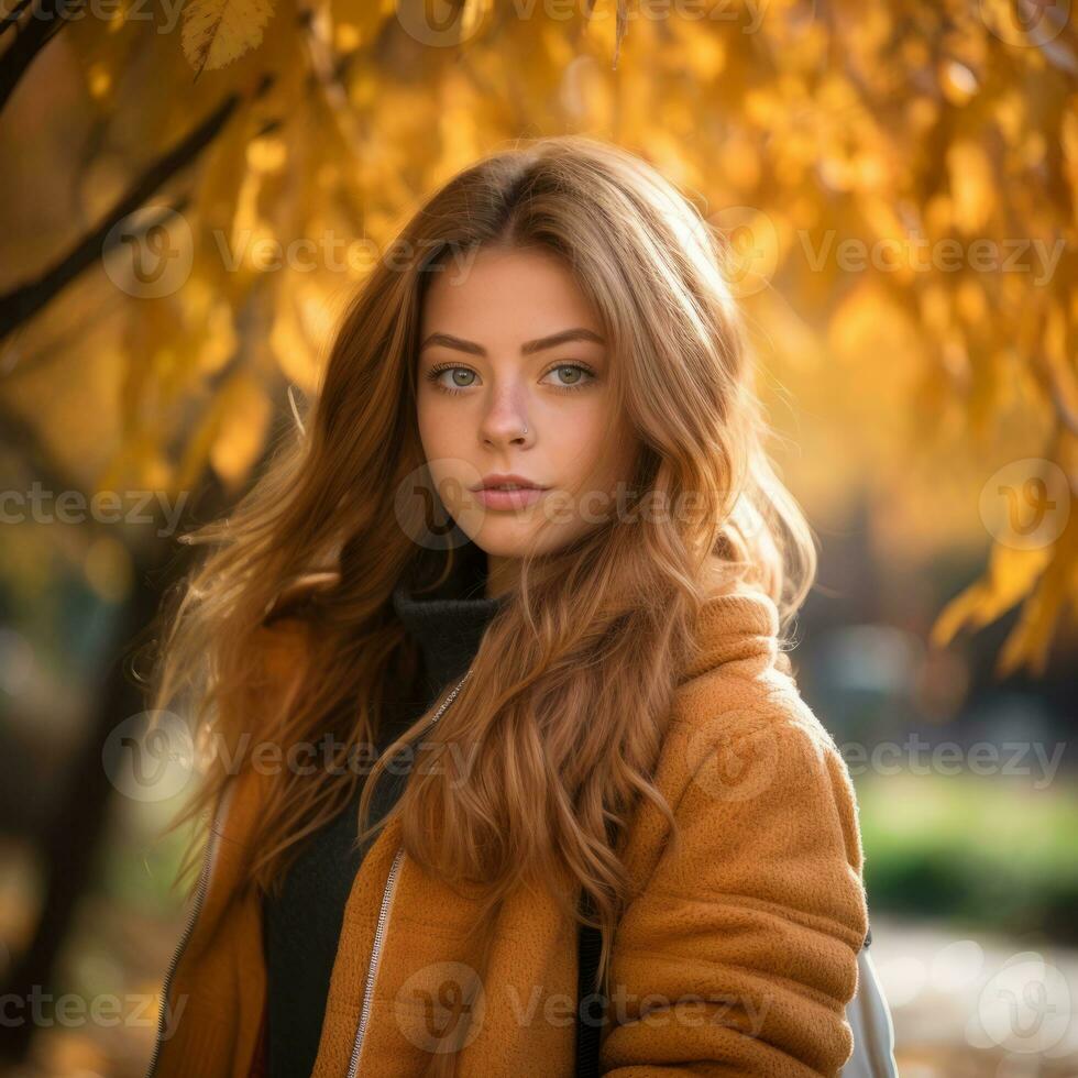beautiful woman in orange jacket posing in front of autumn trees generative AI photo