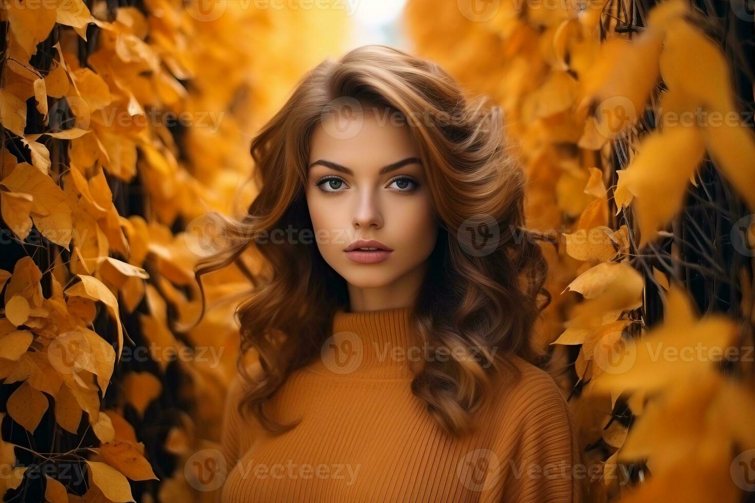 beautiful woman in orange sweater standing in autumn leaves generative AI photo