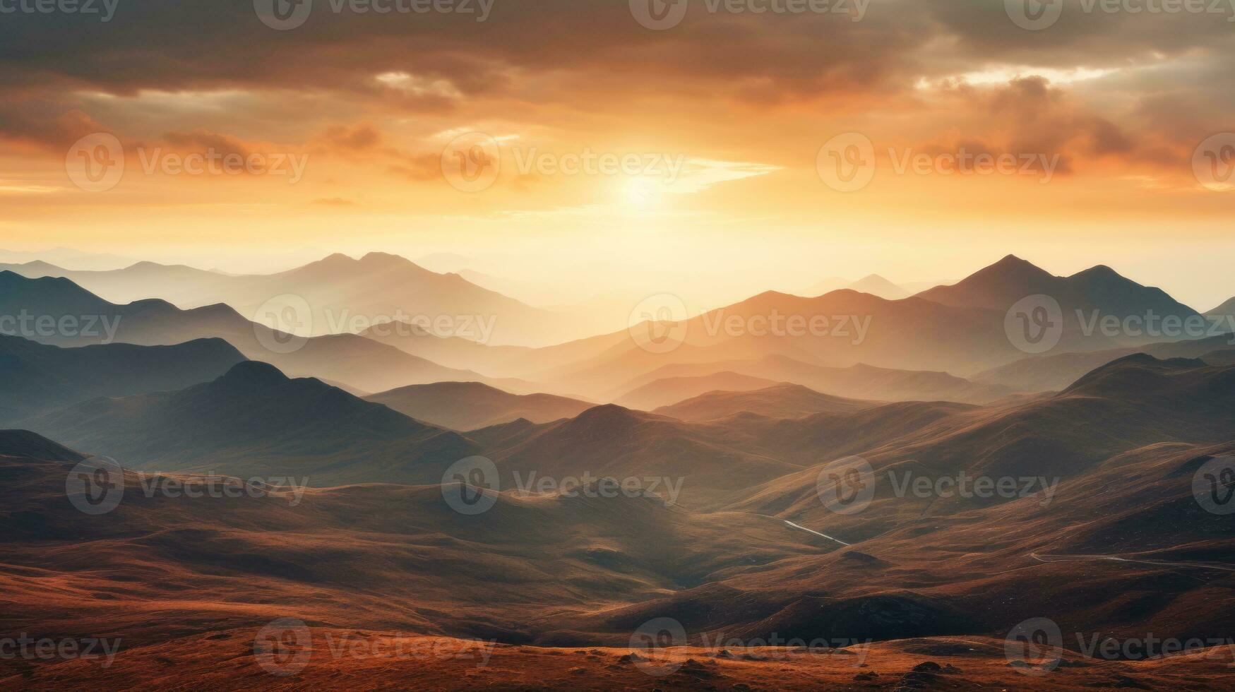 beautiful mountain landscape at sunset with the sun shining through the clouds generative AI photo