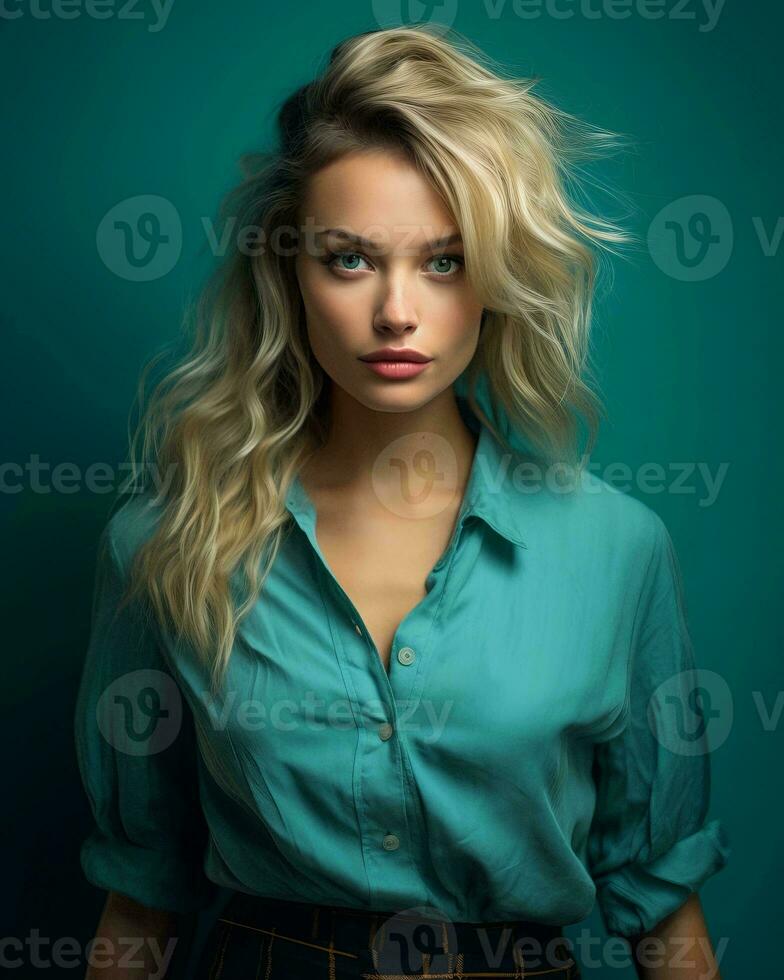 beautiful blonde woman in blue shirt and plaid skirt generative AI photo