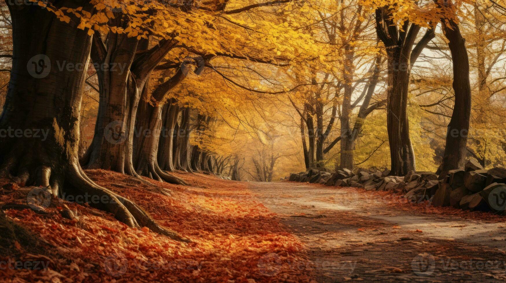 autumn trees line a path in the woods with leaves on the ground generative AI photo