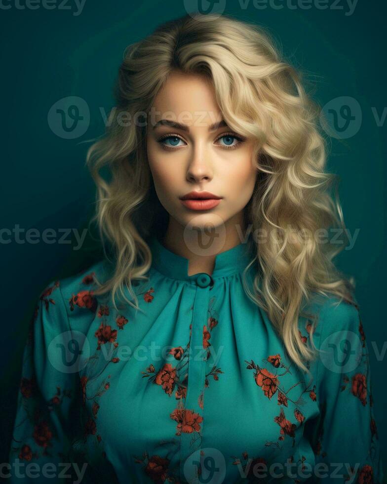 beautiful blonde woman in floral blouse on blue background generative AI photo