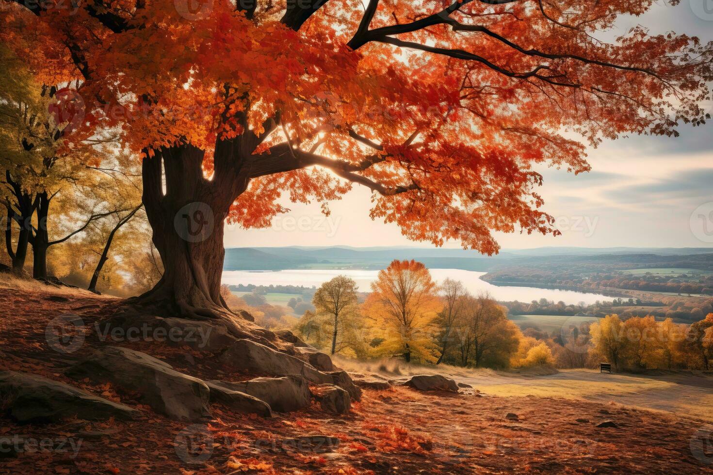 autumn tree on the hillside with a lake in the background generative AI photo