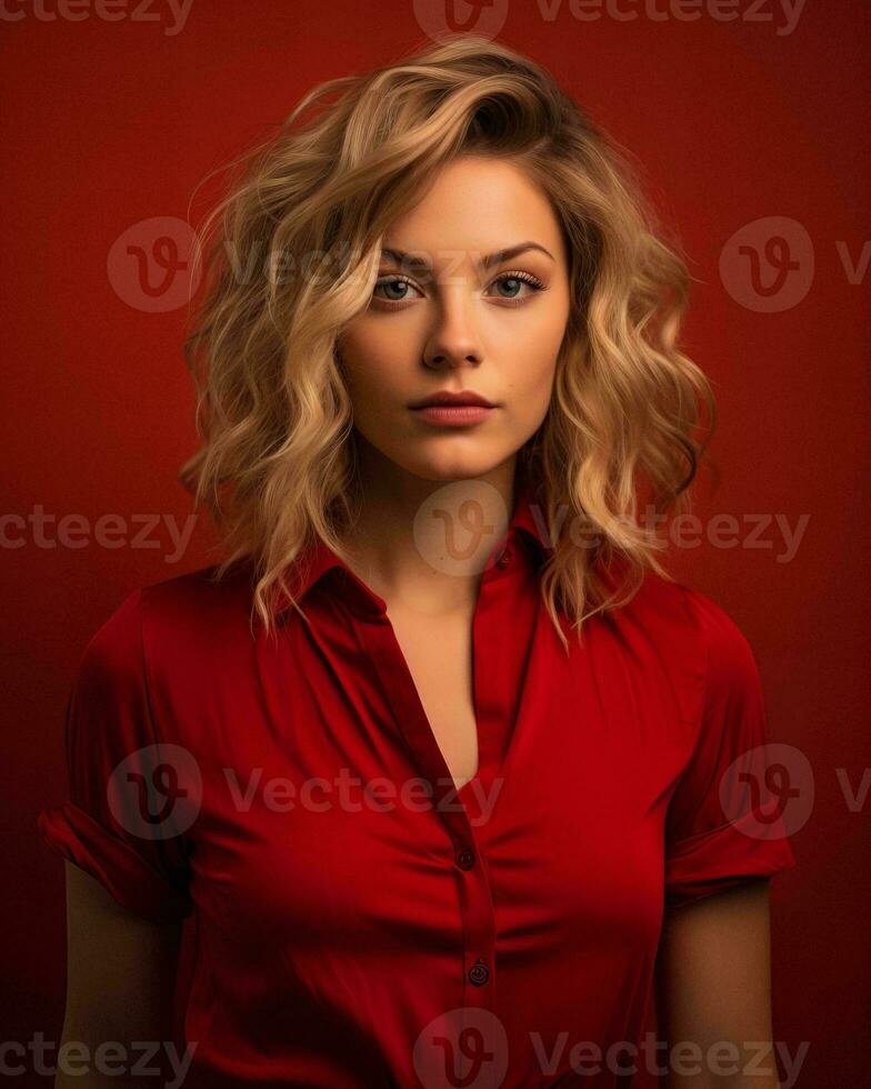 beautiful blonde woman in red shirt posing against red background generative AI photo