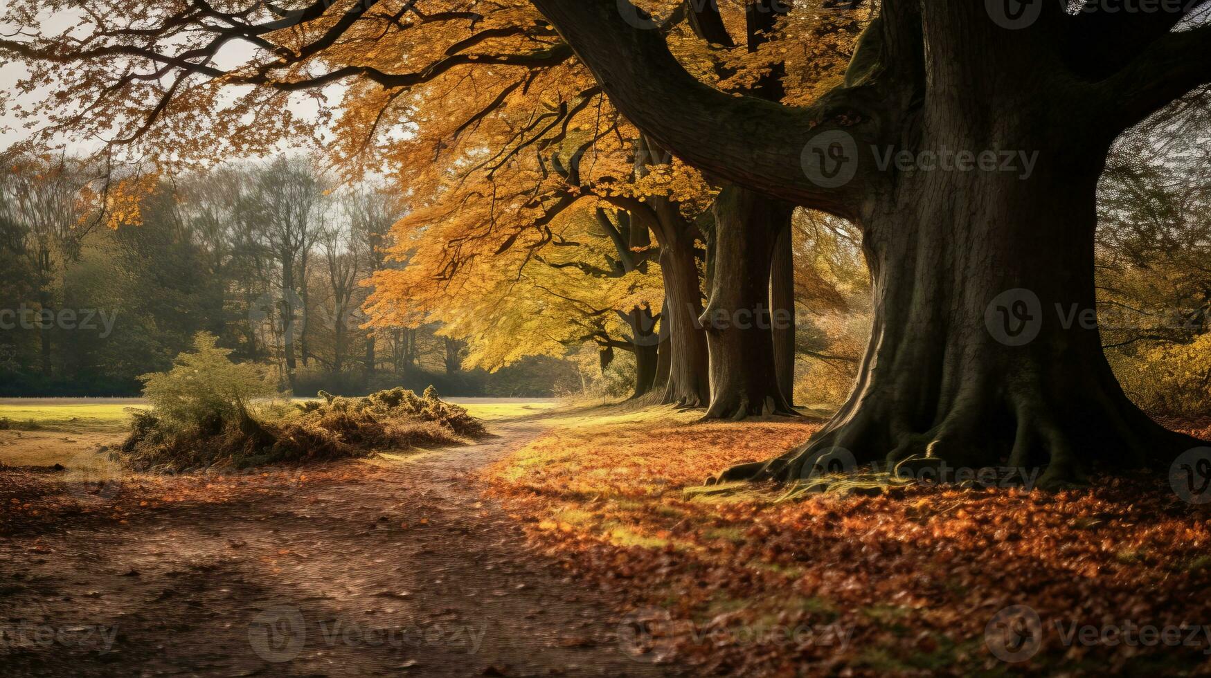 autumn landscape with trees and path in the background generative AI photo