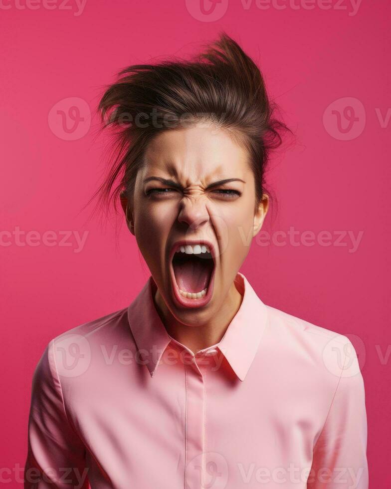 angry woman screaming on pink background generative AI photo