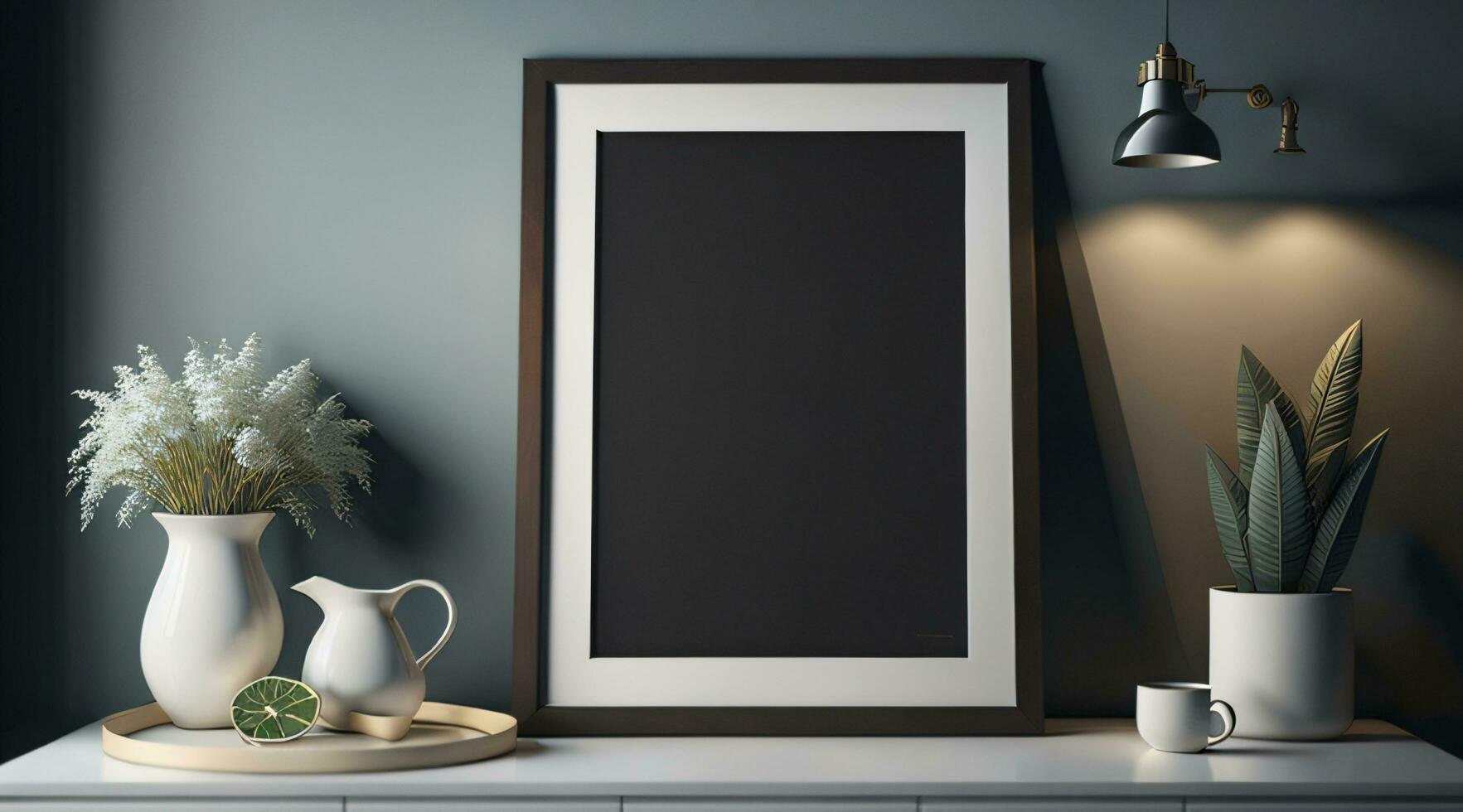Free photo dark modern blank picture frame on wall poster frame mockup AI Generated