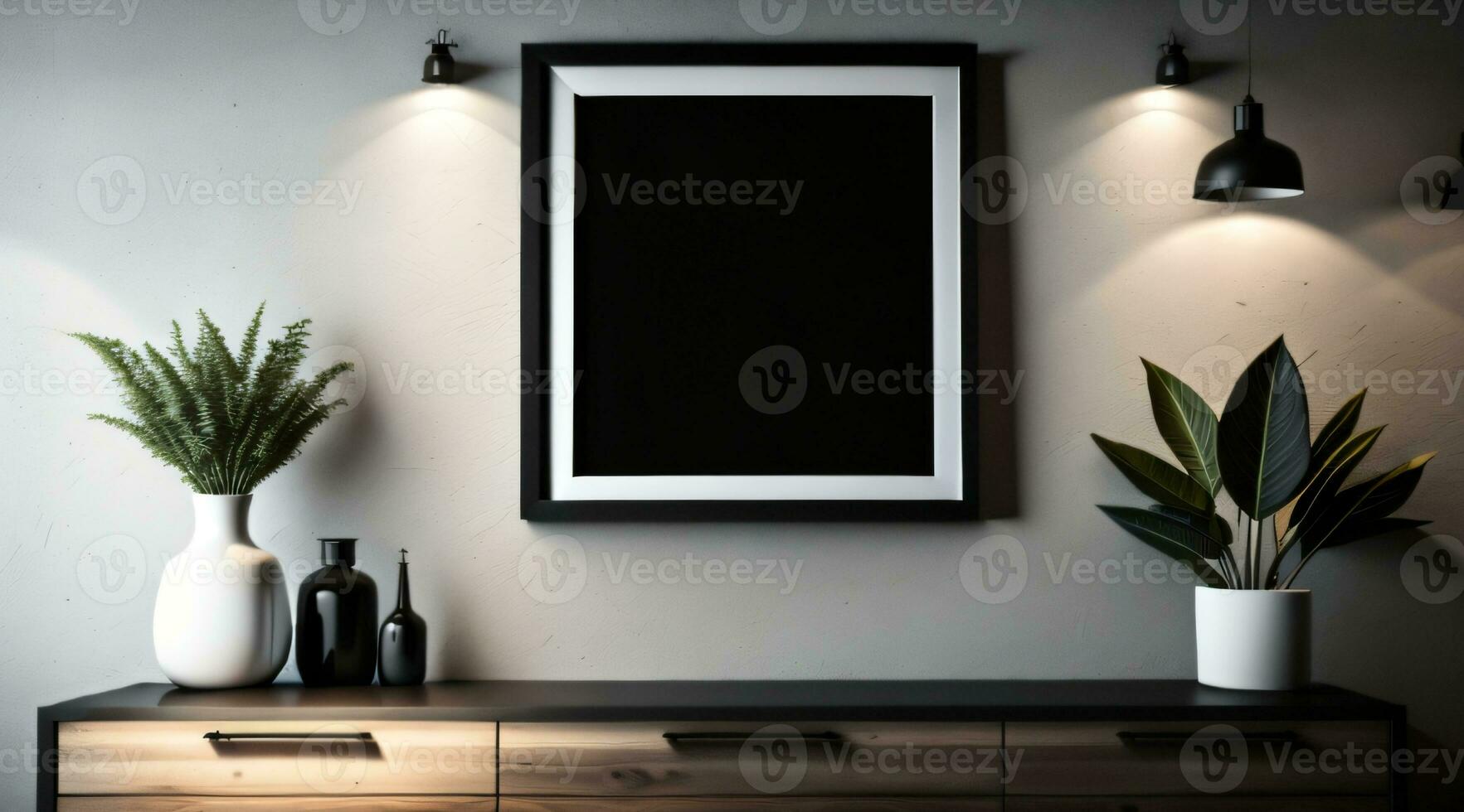 Free Photo Dark Modern New Picture Frame on Wall poster frame mockup AI Generated