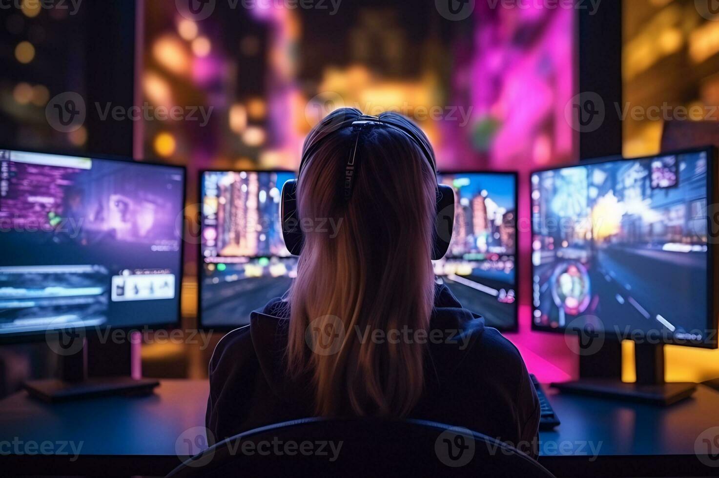 Disparo de jugador niña es sentado por el ordenador personal foto