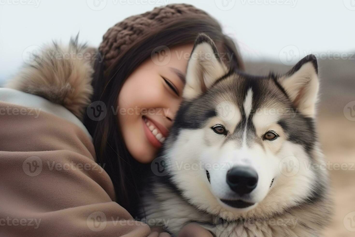 Portrait of people hugging husky dog pet concept photo