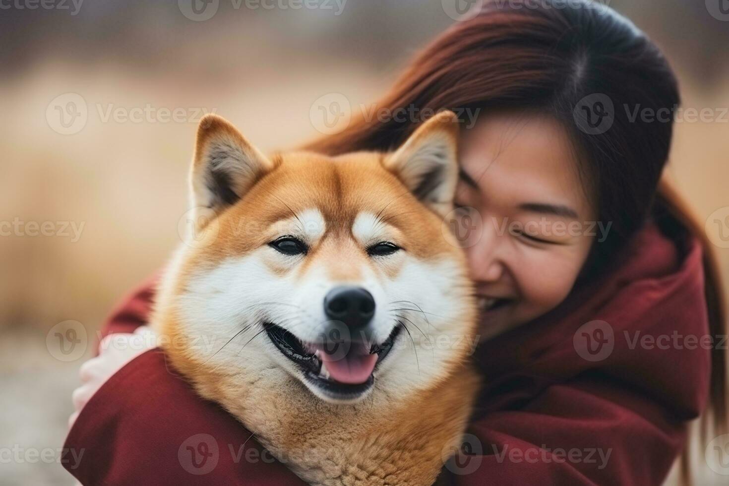 Portrait of people hugging shiba inu dog pet concept photo