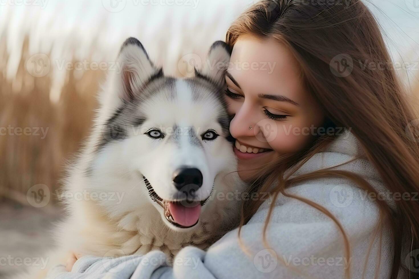 Portrait of people hugging husky dog pet concept photo