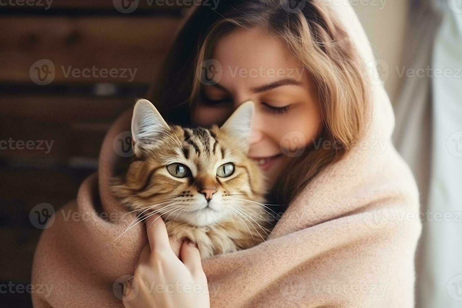 Portrait of people hugging cat pet concept photo