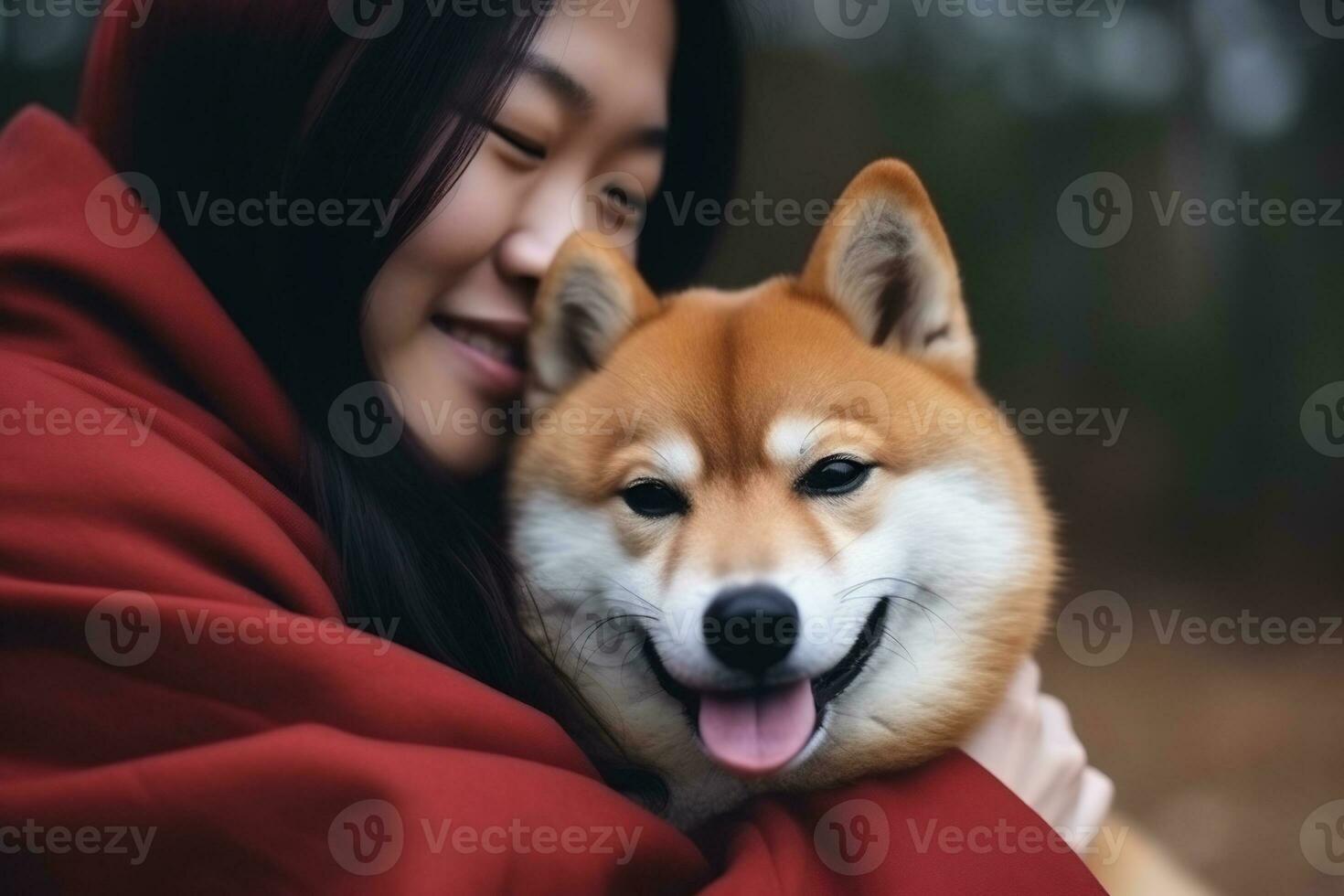 Portrait of people hugging shiba inu dog pet concept photo