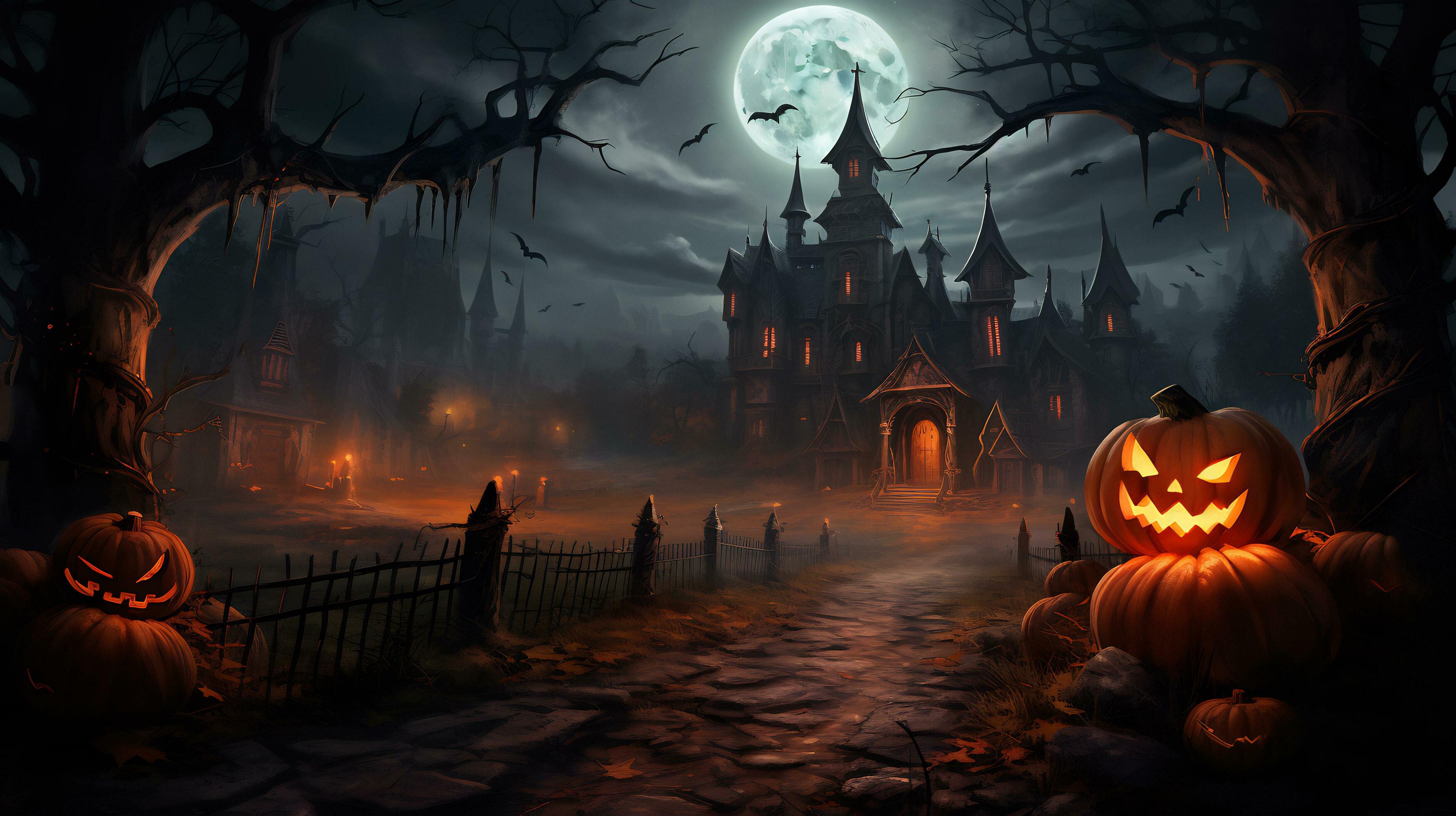 Spooky halloween wallpaper with pumpkin and old house 27807580 Stock ...