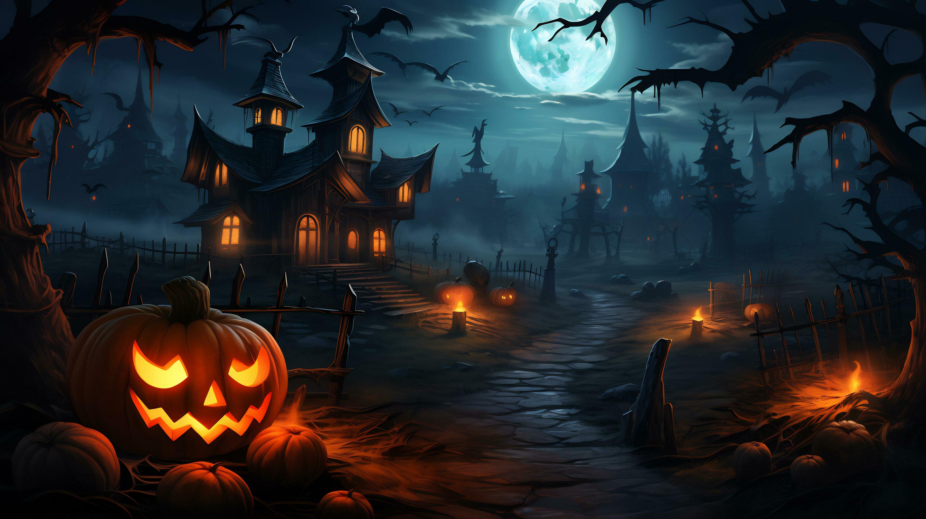 Spooky halloween wallpaper with pumpkin and old house 27807603 Stock ...