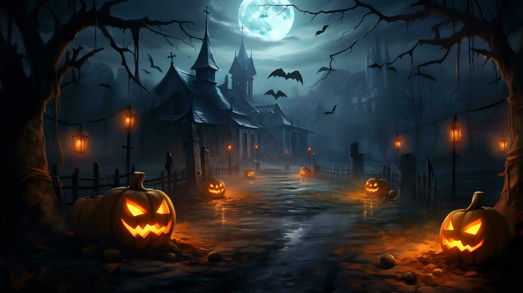 Spooky halloween wallpaper with pumpkin and old house photo