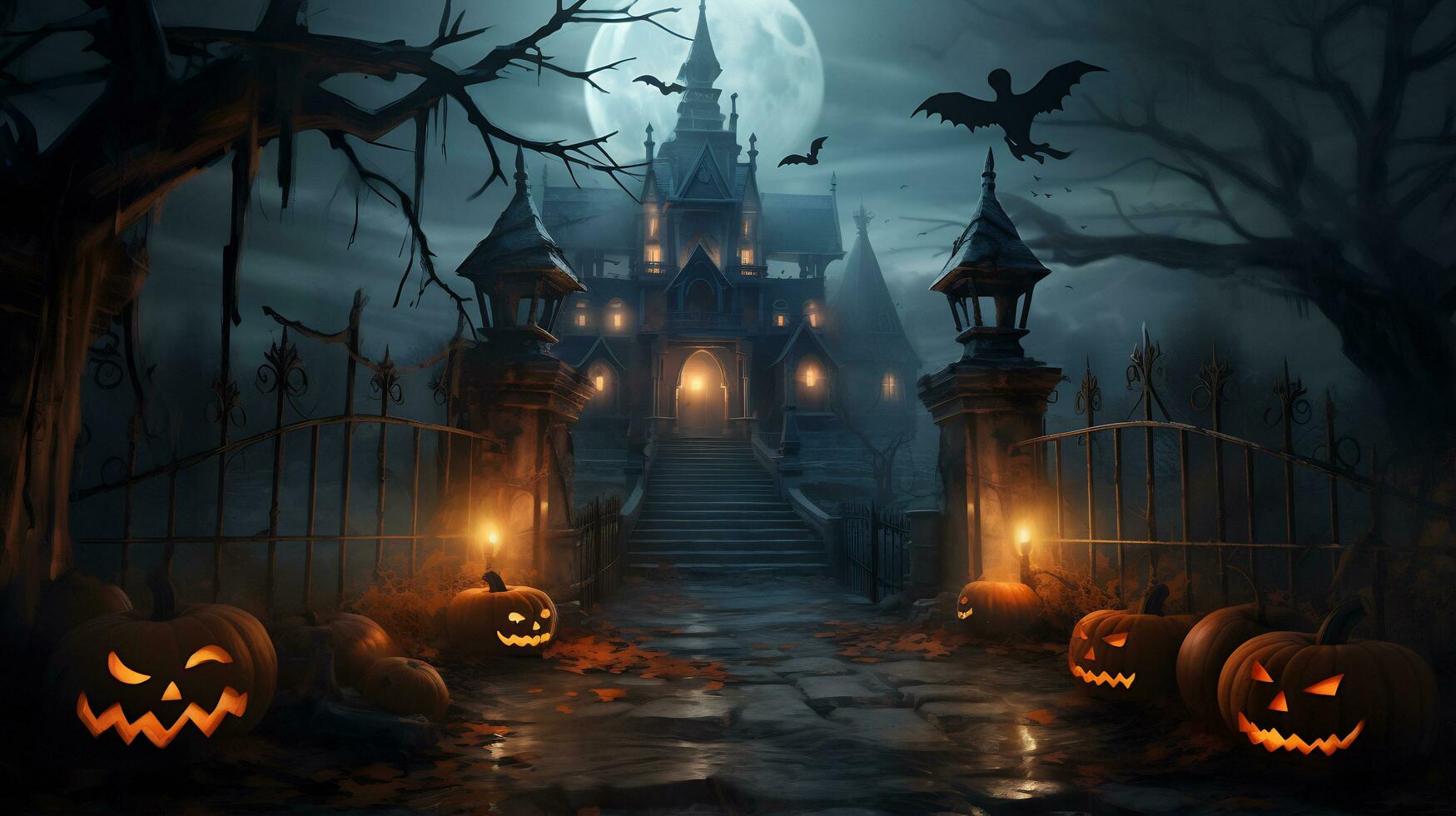 Spooky halloween wallpaper with pumpkin and old house photo