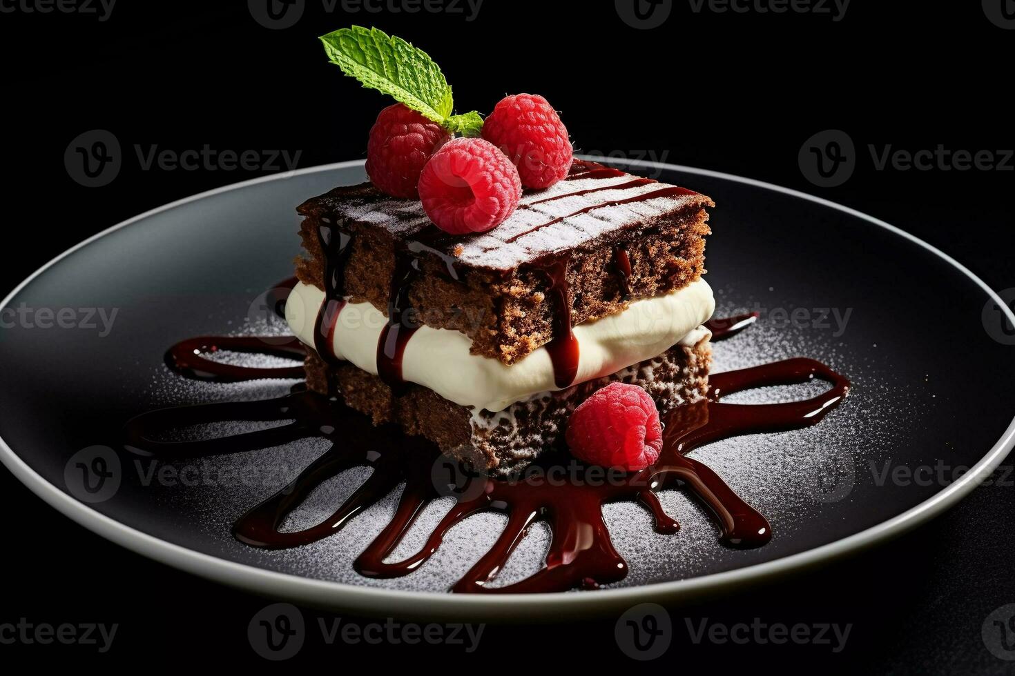 delicious chocolate cake with raspberries and herbs on a dark table. Chocolate cake. Wedding dessert. Birthday party. Delicious dessert. Traditional American dessert photo