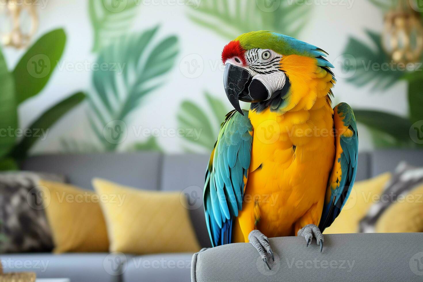 linda guacamayo loro pájaro en vivo habitación. guacamayo loro pájaro con gracioso Mira foto