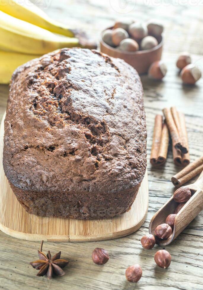 Loaf of banana-chocolate bread with chocolate cream photo