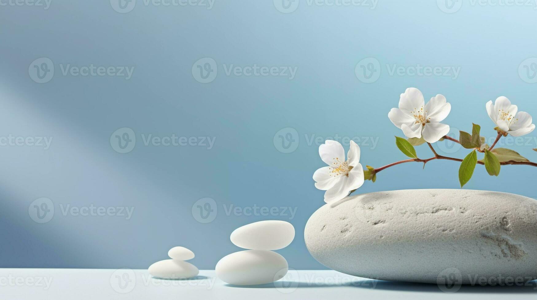 A minimalistic scene of a lying stone with flowers on a light blue background. Showcase for the presentation of natural products and cosmetics. photo