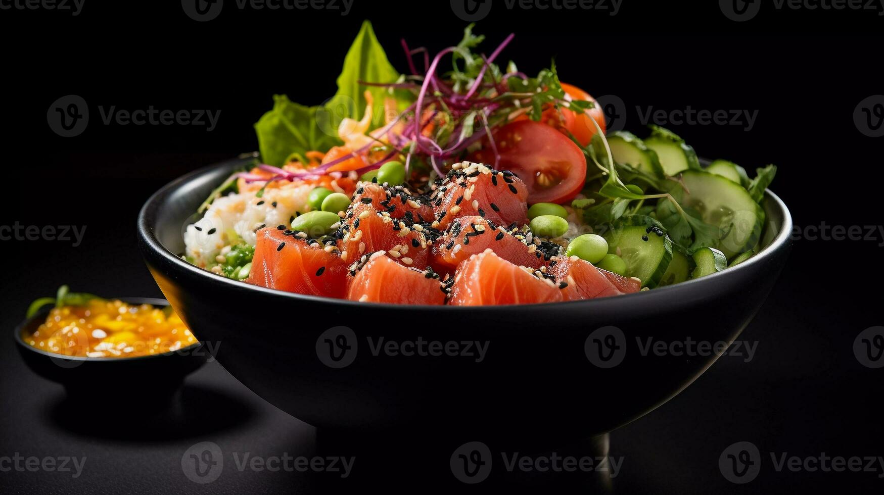 Delicious Japanese poke bowl presented in a professional studio with elegant black background photo