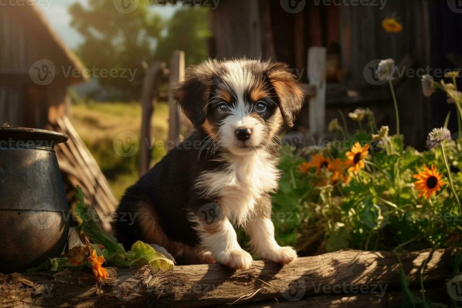 linda perrito en pequeño granja. perrito con gracioso Mira foto